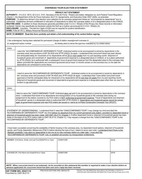 Daf Form 965 Overseas Tour Election Statement Finder Doc
