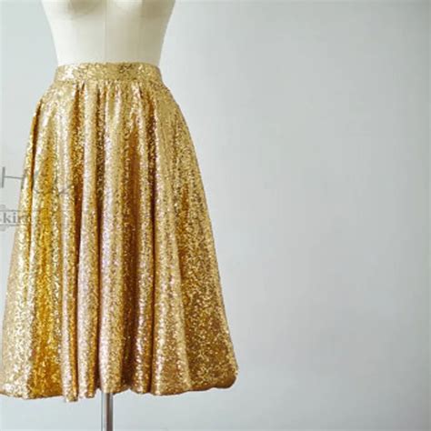 Gold Sequin Skirt Custom Made Zipper Waistline A Line Tee Length Midi Skirt Shiny Pleated Skirts