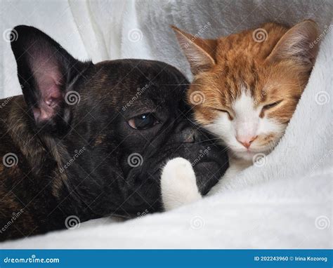 Cute Dog And Cat Lie Together Stock Photo Image Of Animals Pleasure