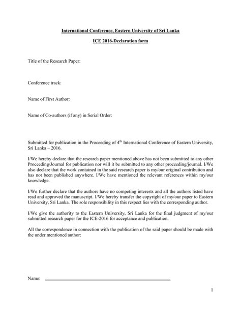 Declaration Form For Authors Ice 2016 Eastern University Sri Lanka