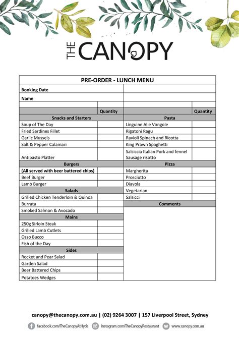 Lunch Pre Order Form The Canopy Restaurant