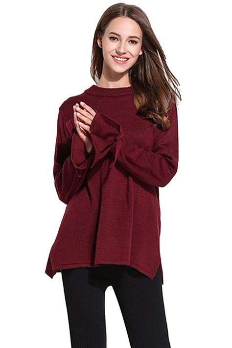 Crew Neck Long Sleeve Bow Loose Plain Pullover Knit Sweater Ruby Knitted Pullover Sweaters