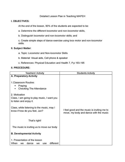 Lesson Plan Docx Detailed Lesson Plan In Mapeh First Semester S Y