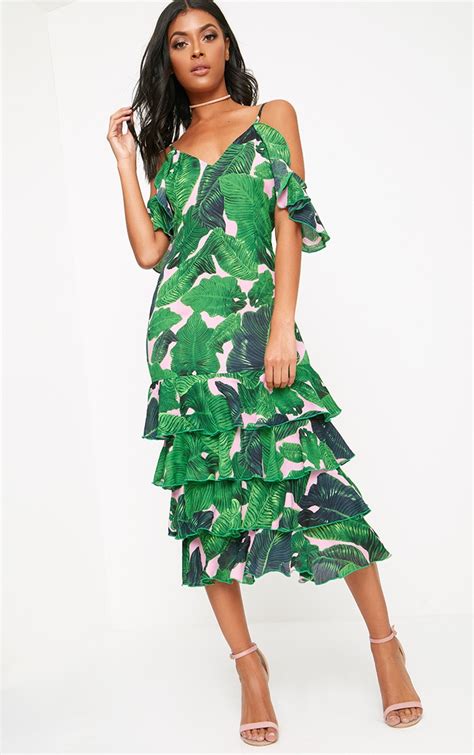Green Tropical Print Strappy Frill Hem Midi Dress Dresses
