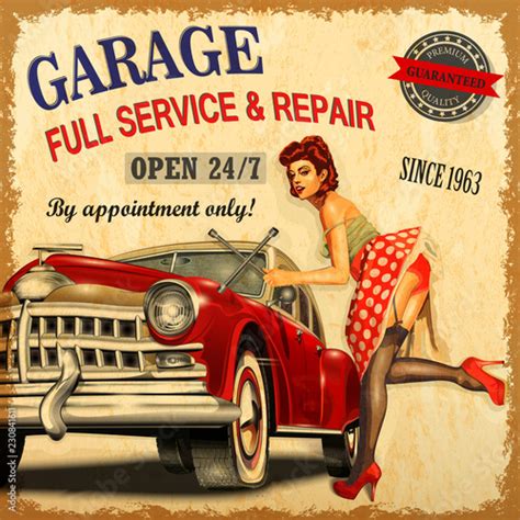 Vintage Garage Retro Poster With Retro Car And Pin Up Girl Stock