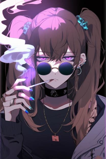 Premium Ai Image Anime Girl With Purple Hair And Glasses Smoking A