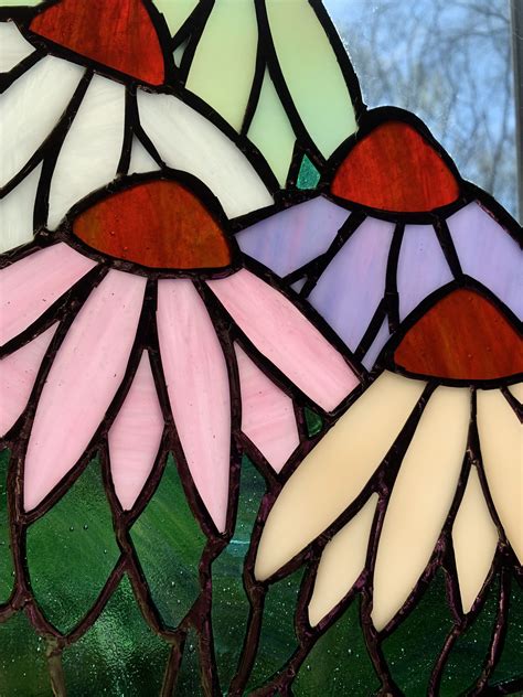 Stained Glass Panel Coneflowers Window Hanging Home Etsy Stained