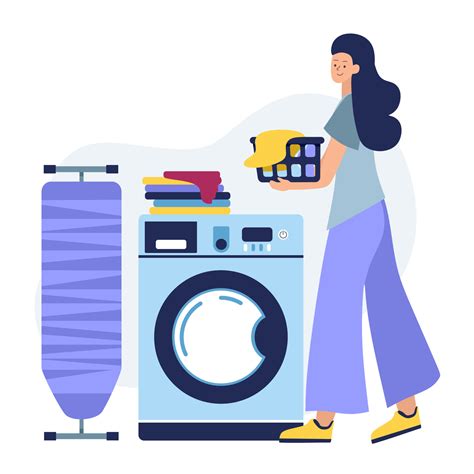 Happy Woman Laundry Room Washing In The Washing Machine Vector