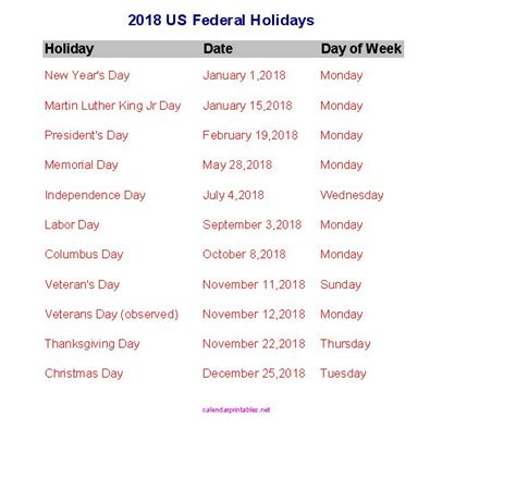 Print A List Of Holidays