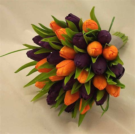 Purple And Orange Tulip Bridal Posy Bouquet Wedding Bouquets Silk