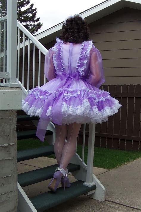 Posing In My G Lilac Satin Organza Lockable Sissy Dress With White Gio Fully Fashioned Cuban