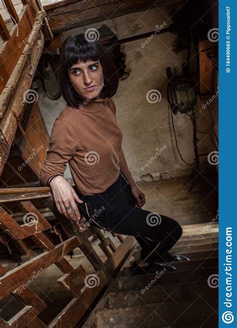 Portrait Of A Brunette Girl In A Staircase Of An Abandoned House 19 Stock Image Image Of