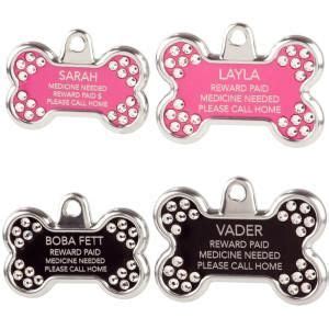 Design an id tag with your pet's name and contact details to ensure they will always come home safely. TagWorks Blingz Personalized Bone ID Tag with Crystals ...