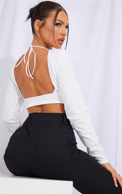 White Crepe Backless Long Sleeve Crop Top Prettylittlething