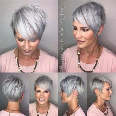 Your hair is trimmed to the nape of your neck, and your hair is cut into different layers looking stacked up. Choppy Gray Pixie With Side Bangs | Womens hairstyles ...