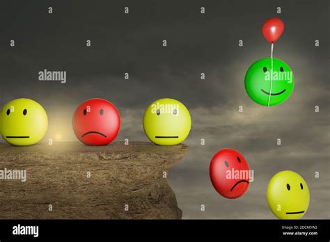 Emoji Emotions On A Stone Cliff With A Red Balloon Help To Escape One