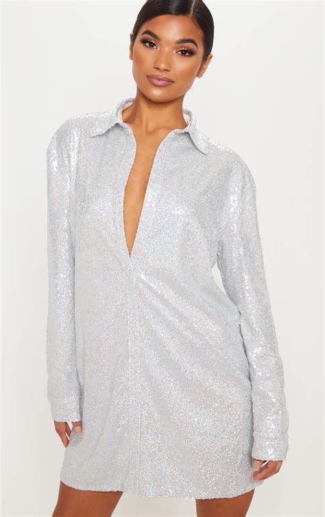 Silver Sequin Shirt Dress Dresses Prettylittlething