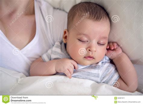 Baby Sleeps Next To Mom Stock Image Image Of Beautiful 94091911