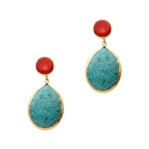 Turquoise And Coral Earrings Made With Sterling Silver Coated Etsy