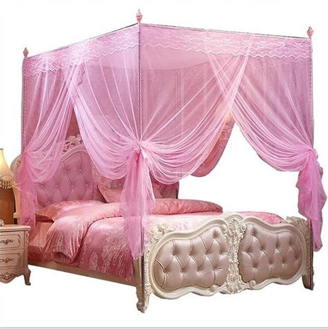 Nattey 4 Corners Post Pink Canopy Bed Curtain For Girls And Adults Cute