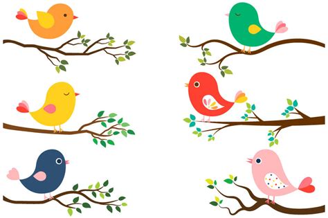 Cute Colorful Birds Clipart Tree Branches Green Leaves Spring Bird By
