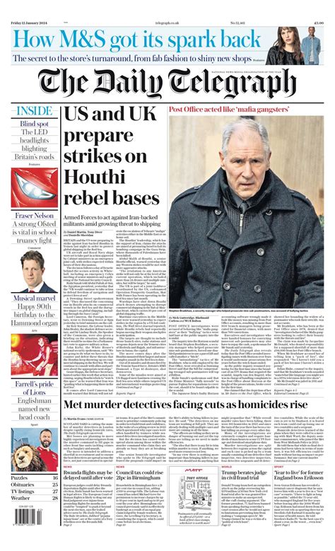 Daily Telegraph Front Page 12th Of January 2024 Tomorrow S Papers Today