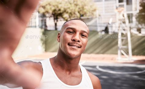 Sports Smile And Man Taking A Selfie On A Basketball Court After