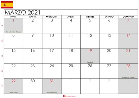 Calendario Marzo 2021 España 🇪🇸 Para Imprimir