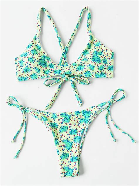 shop dot and plant print cross back bikini set online shein offers dot and plant print cross back