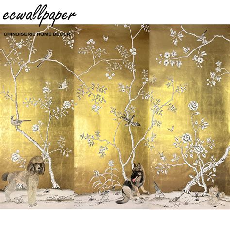 Chinoiserie Murals Hand Painted Wallpapers On Gold Metallic 3ft X 7ft