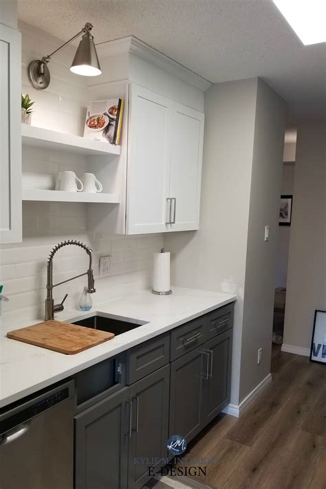 If you want this look but also want your white counters and cabinets to stand out, try light grey walls. Painted oak cabinets. Dark gray paint color on the lowers ...