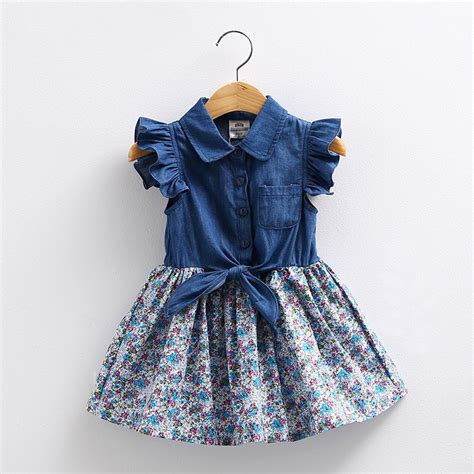 Summer New Arrival Baby Girls Denim And Flowers Dresses Girls Fashion