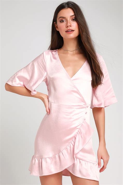 Flirty Blush Dress Blush Satin Mini Dress Satin Wrap Dress Lulus