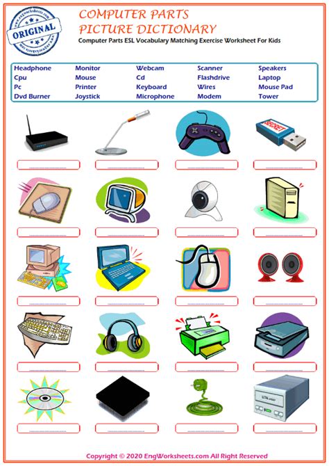 Computer Parts Esl Printable Picture Dictionary Worksheet For Kids
