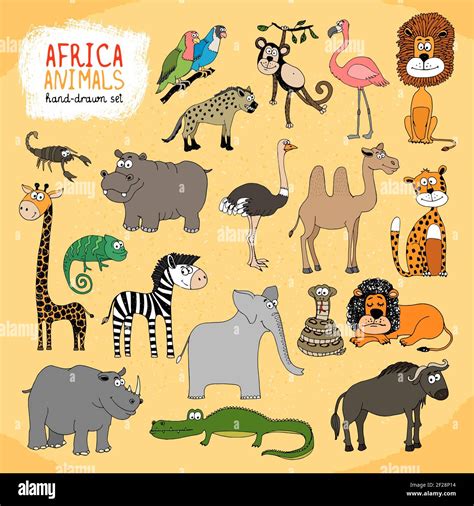 Animals Of Africa Hand Drawn Illustration With A Giraffe Elephant Hippo