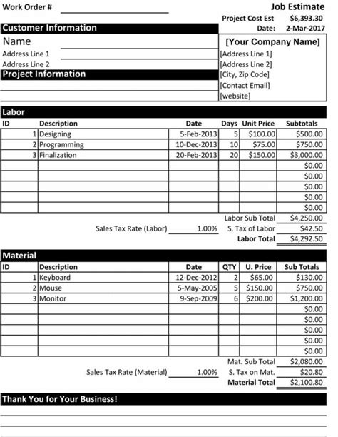 Labor And Material Cost Spreadsheet Intended For 44 Free Estimate