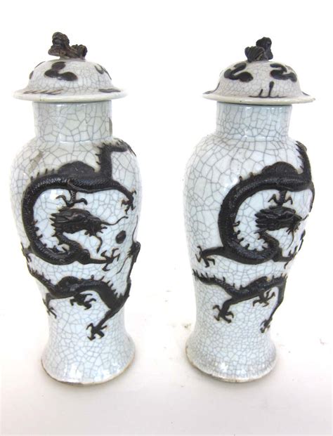 Pair Of Qing Dyansty Chinese Crackle Glazed Dragon Vases With Lids At