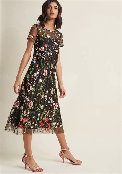 Floral Midi Dress With Embroidered Overlay Floral Embroidered Dress