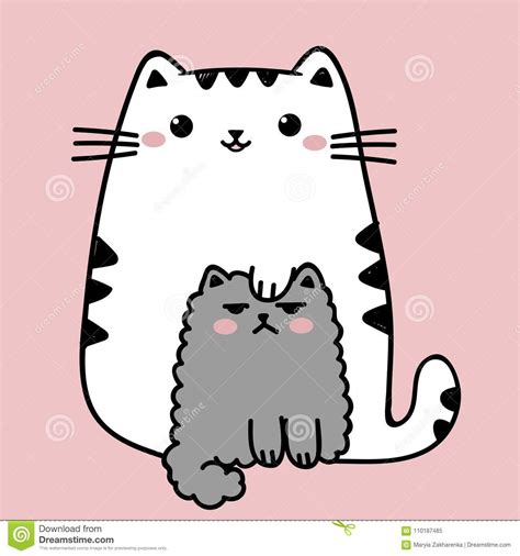 Kawaii Cute Fat White Cat Isolated On A Pink Background