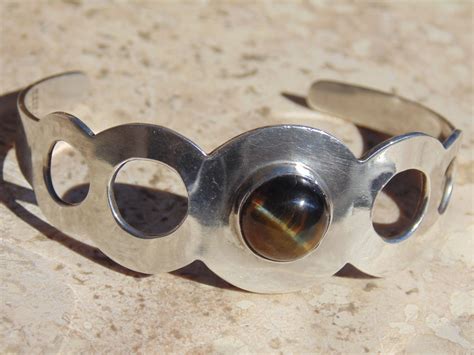 Vintage Mexican Sterling Silver Tigers Eye Cuff Bracelet Haute Juice