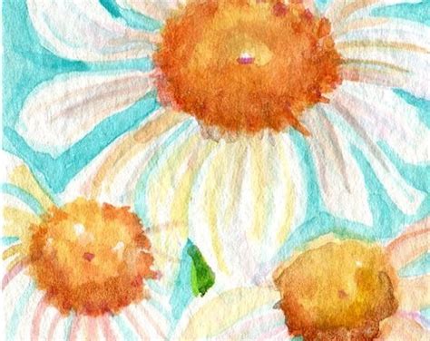 Aceo Shasta Daisies Watercolor Painting On Aqua Small Flower Etsy
