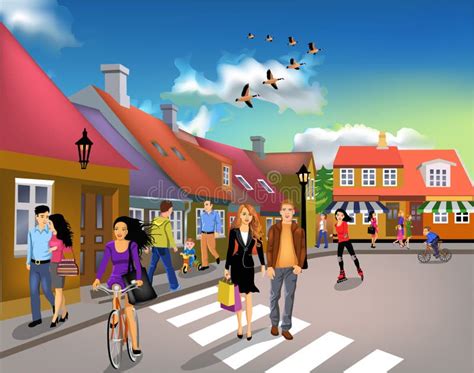 People Walking Through Town On A Sunny Day Stock Vector Illustration