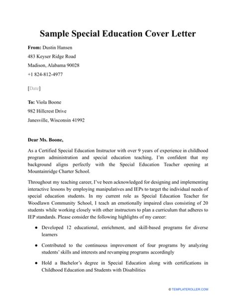 Sample Special Education Cover Letter Download Printable Pdf Templateroller