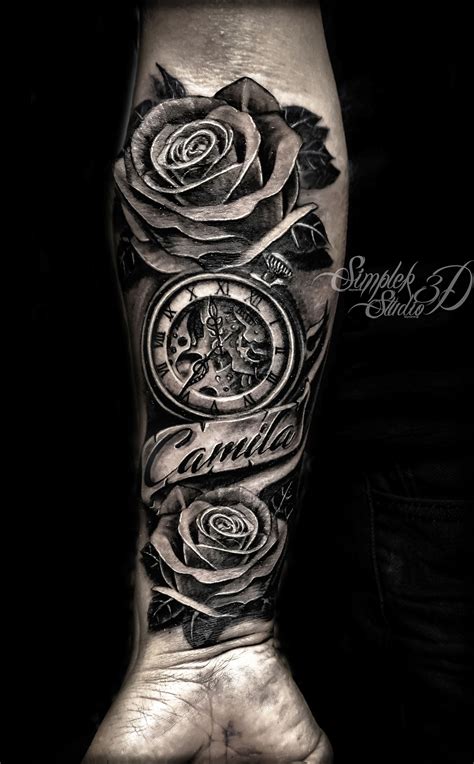 Roses And Clocks Banners Personalized Forearm Tattoo Rose Tattoo