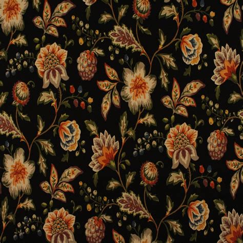 Onyx Black Floral Print Upholstery Fabric