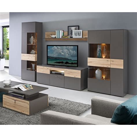Wohnwände im design der natur. Wohnwand Como Anbauwand Wohnzimmer Uni Wolfram grau und ...