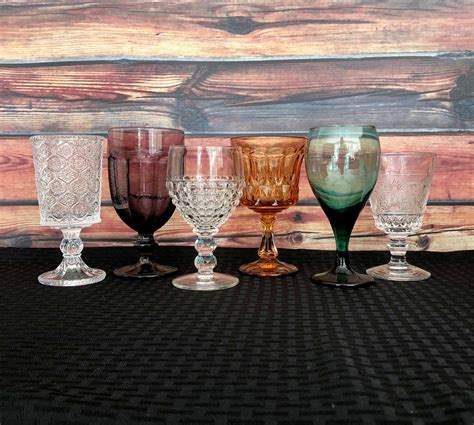 Mismatched Vintage Glassware Mixed Colored Glasses Set Of 6 Boho Wedding Vintage Goblets