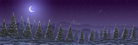 Vector Illustration Night Winter Landscape Fir Trees Forest On Hills