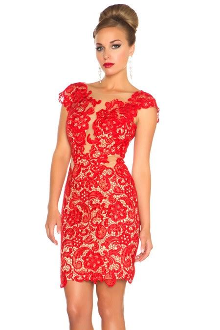 Sexy Sheath Illusion Neckline Cap Sleeve Backless Short Red Lace Party