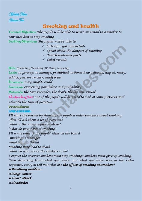 Lesson Plan Smoking And Health 9th Form Esl Worksheet By Aicha77